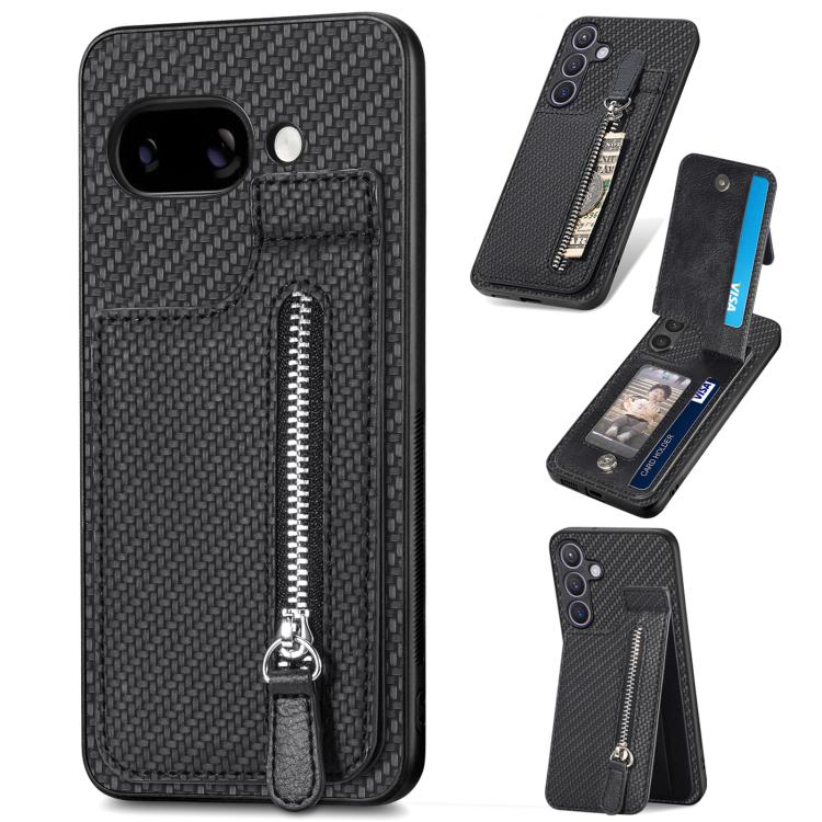 Carbon Fiber Vertical Flip Zipper Phone Case, For Google Pixel 10 / 10 Pro, For Google Pixel 9a, For Google Pixel 9 Pro XL, For Google Pixel 9 / 9 Pro