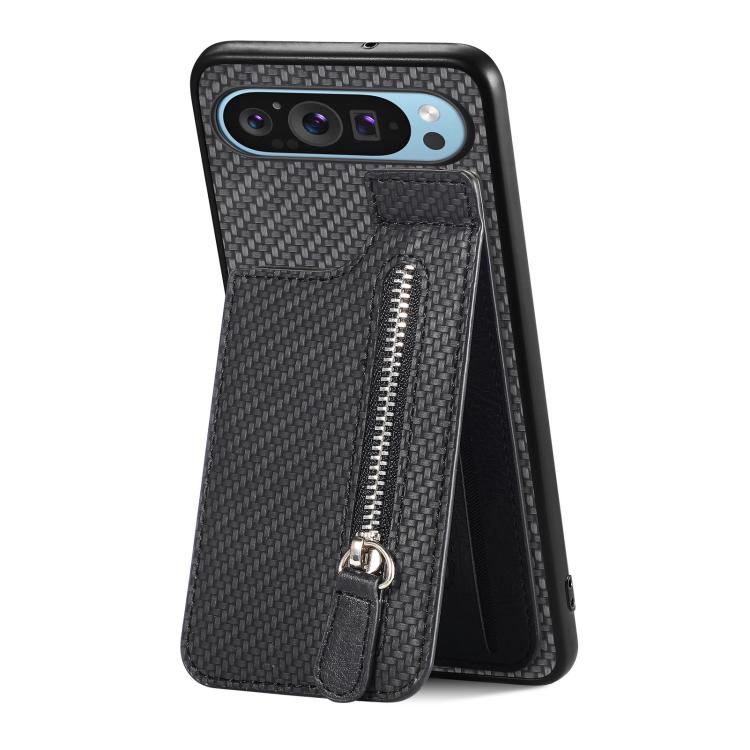 Carbon Fiber Vertical Flip Zipper Phone Case, For Google Pixel 10 / 10 Pro, For Google Pixel 9a, For Google Pixel 9 Pro XL, For Google Pixel 9 / 9 Pro