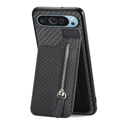 Carbon Fiber Vertical Flip Zipper Phone Case, For Google Pixel 10 / 10 Pro, For Google Pixel 9a, For Google Pixel 9 Pro XL, For Google Pixel 9 / 9 Pro