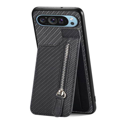 Carbon Fiber Vertical Flip Zipper Phone Case, For Google Pixel 10 / 10 Pro, For Google Pixel 9a, For Google Pixel 9 Pro XL, For Google Pixel 9 / 9 Pro