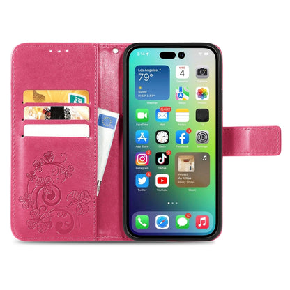 Four-leaf Clasp Embossed Buckle Leather Phone Case, For iPhone 15 Plus, For iPhone 15