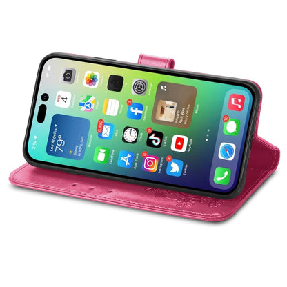 Four-leaf Clasp Embossed Buckle Leather Phone Case, For iPhone 15 Plus, For iPhone 15