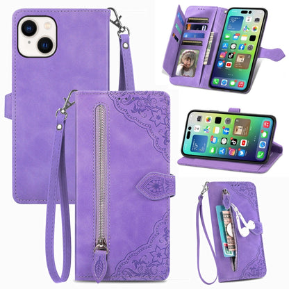 Embossed Flower Zipper Leather Phone Case