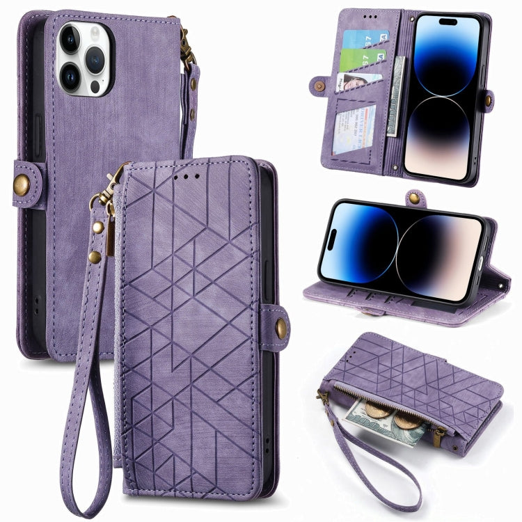 Geometric Zipper Wallet Side Buckle Leather Phone Case, For iPhone 15, For iPhone 14 Plus, For iPhone 14, For iPhone 14 Pro