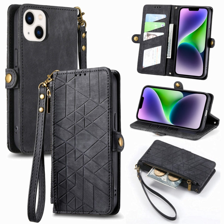 Geometric Zipper Wallet Side Buckle Leather Phone Case, For iPhone 15, For iPhone 14 Plus, For iPhone 14, For iPhone 14 Pro