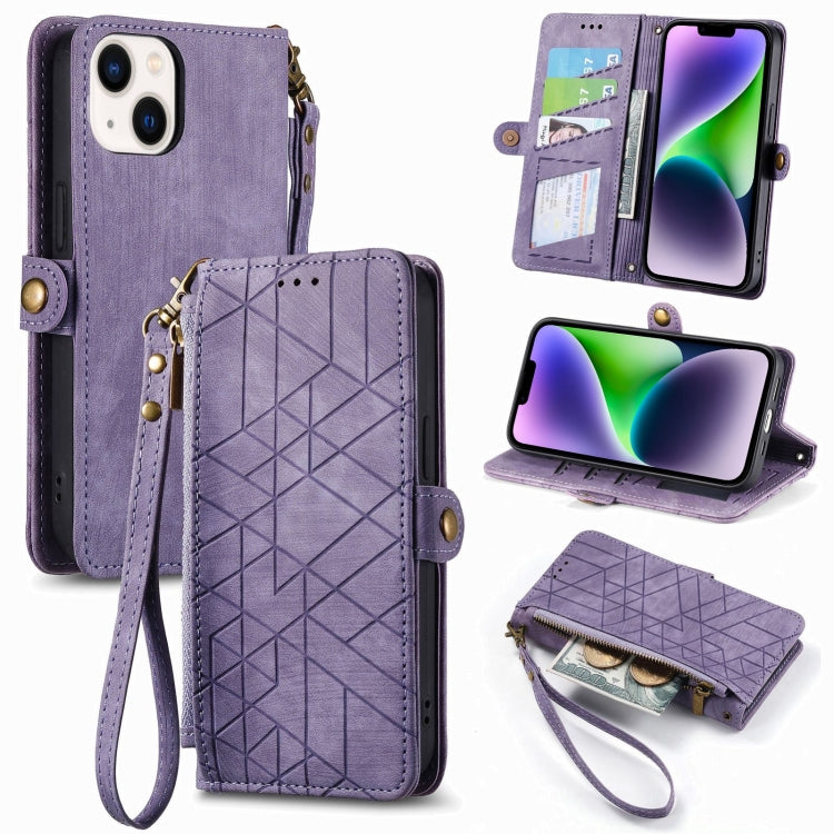 Geometric Zipper Wallet Side Buckle Leather Phone Case, For iPhone 15, For iPhone 14 Plus, For iPhone 14, For iPhone 14 Pro