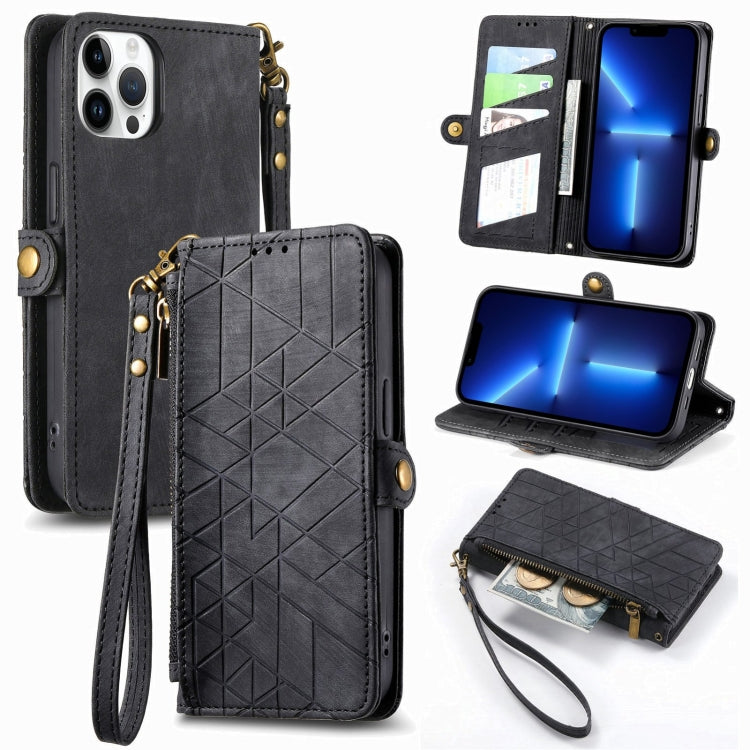 Geometric Zipper Wallet Side Buckle Leather Phone Case