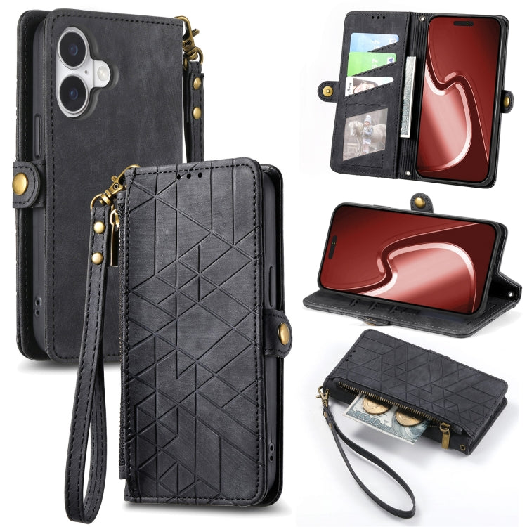 Geometric Zipper Wallet Side Buckle Leather Phone Case, For iPhone 16, For iPhone 15 Pro Max, For iPhone 15 Pro, For iPhone 15 Plus