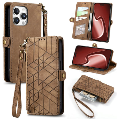 Geometric Zipper Wallet Side Buckle Leather Phone Case, For iPhone 16e, For iPhone 16 Pro Max, For iPhone 16 Pro, For iPhone 16 Plus