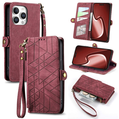 Geometric Zipper Wallet Side Buckle Leather Phone Case, For iPhone 16e, For iPhone 16 Pro Max, For iPhone 16 Pro, For iPhone 16 Plus