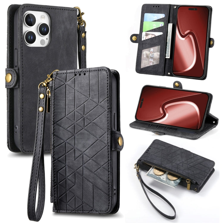 Geometric Zipper Wallet Side Buckle Leather Phone Case, For iPhone 16e, For iPhone 16 Pro Max, For iPhone 16 Pro, For iPhone 16 Plus