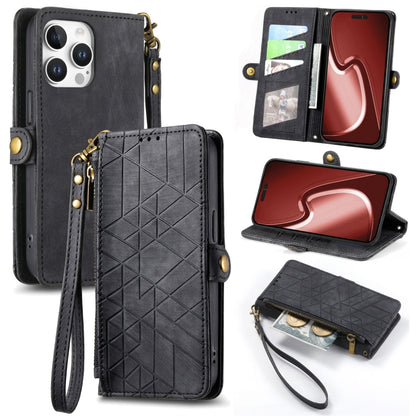 Geometric Zipper Wallet Side Buckle Leather Phone Case, For iPhone 16e, For iPhone 16 Pro Max, For iPhone 16 Pro, For iPhone 16 Plus