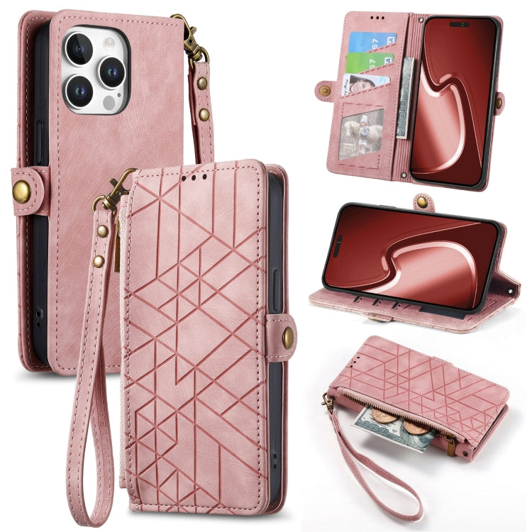Geometric Zipper Wallet Side Buckle Leather Phone Case, For iPhone 16e, For iPhone 16 Pro Max, For iPhone 16 Pro, For iPhone 16 Plus