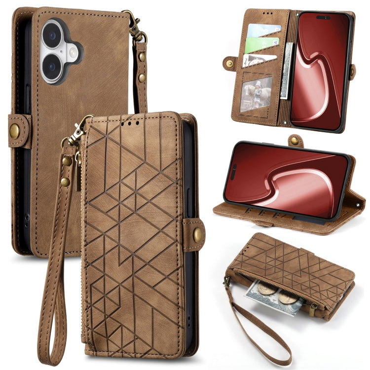 Geometric Zipper Wallet Side Buckle Leather Phone Case, For iPhone 16e, For iPhone 16 Pro Max, For iPhone 16 Pro, For iPhone 16 Plus