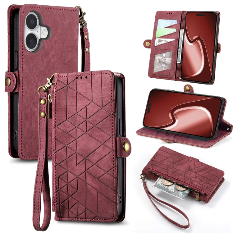 Geometric Zipper Wallet Side Buckle Leather Phone Case, For iPhone 16e, For iPhone 16 Pro Max, For iPhone 16 Pro, For iPhone 16 Plus