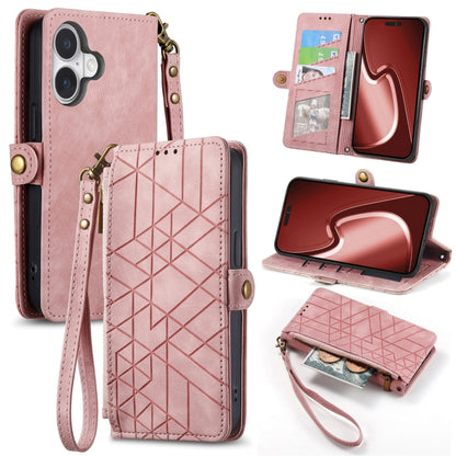 Geometric Zipper Wallet Side Buckle Leather Phone Case, For iPhone 16e, For iPhone 16 Pro Max, For iPhone 16 Pro, For iPhone 16 Plus