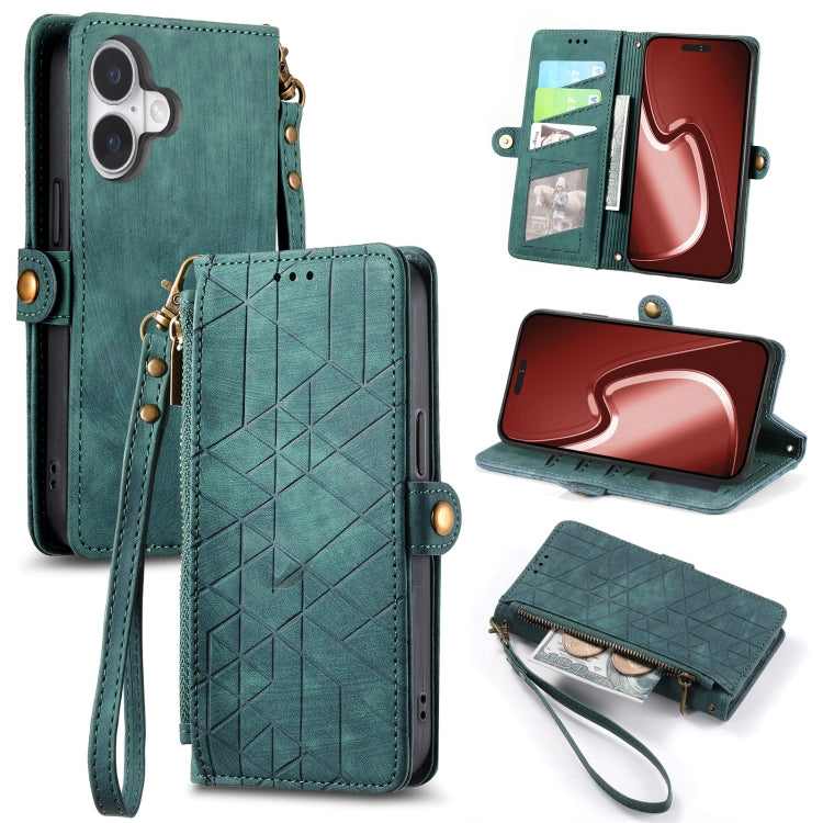 Geometric Zipper Wallet Side Buckle Leather Phone Case, For iPhone 16e, For iPhone 16 Pro Max, For iPhone 16 Pro, For iPhone 16 Plus