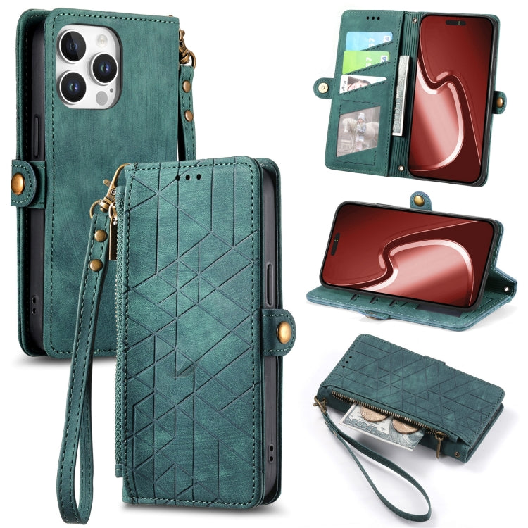 Geometric Zipper Wallet Side Buckle Leather Phone Case, For iPhone 16e, For iPhone 16 Pro Max, For iPhone 16 Pro, For iPhone 16 Plus