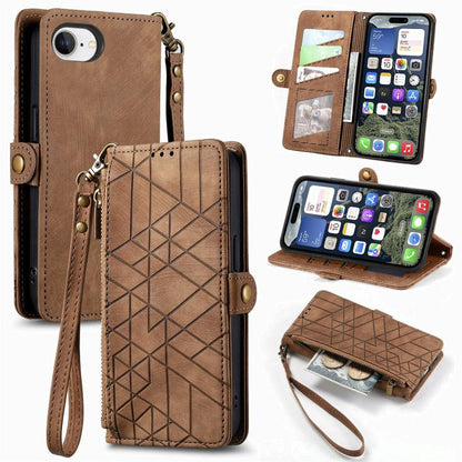 Geometric Zipper Wallet Side Buckle Leather Phone Case, For iPhone 16e, For iPhone 16 Pro Max, For iPhone 16 Pro, For iPhone 16 Plus