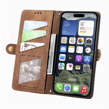 Geometric Zipper Wallet Side Buckle Leather Phone Case, For iPhone 16e, For iPhone 16 Pro Max, For iPhone 16 Pro, For iPhone 16 Plus