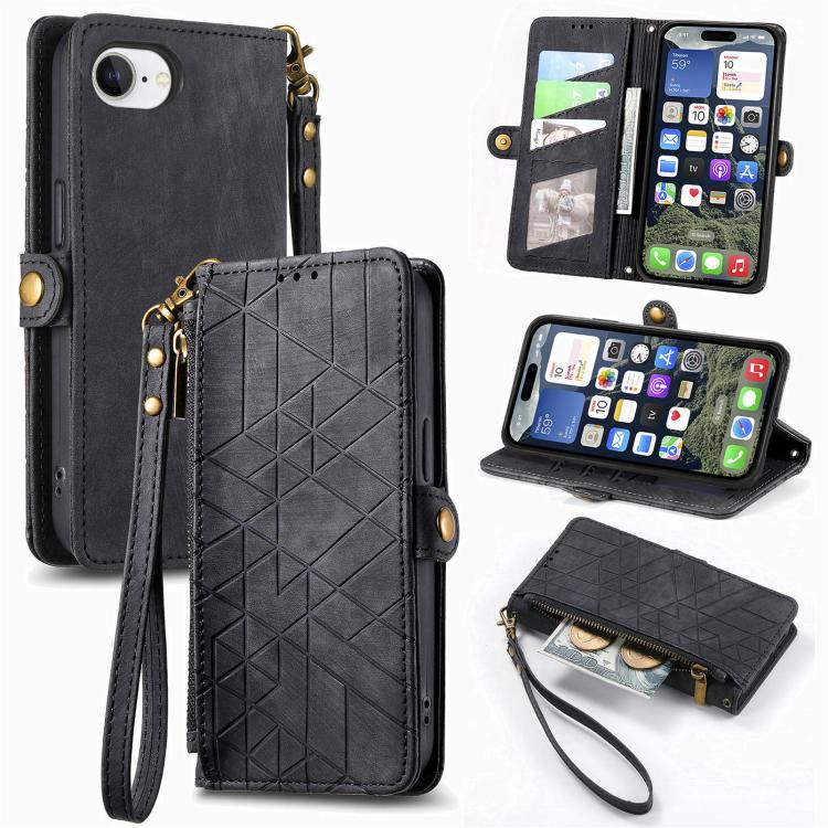 Geometric Zipper Wallet Side Buckle Leather Phone Case, For iPhone 16e, For iPhone 16 Pro Max, For iPhone 16 Pro, For iPhone 16 Plus