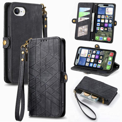 Geometric Zipper Wallet Side Buckle Leather Phone Case, For iPhone 16e, For iPhone 16 Pro Max, For iPhone 16 Pro, For iPhone 16 Plus