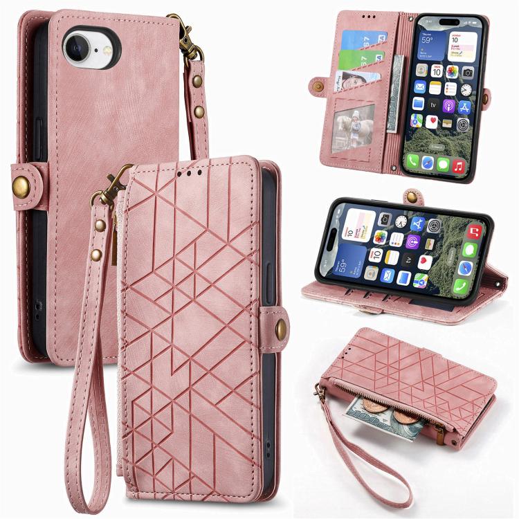 Geometric Zipper Wallet Side Buckle Leather Phone Case, For iPhone 16e, For iPhone 16 Pro Max, For iPhone 16 Pro, For iPhone 16 Plus