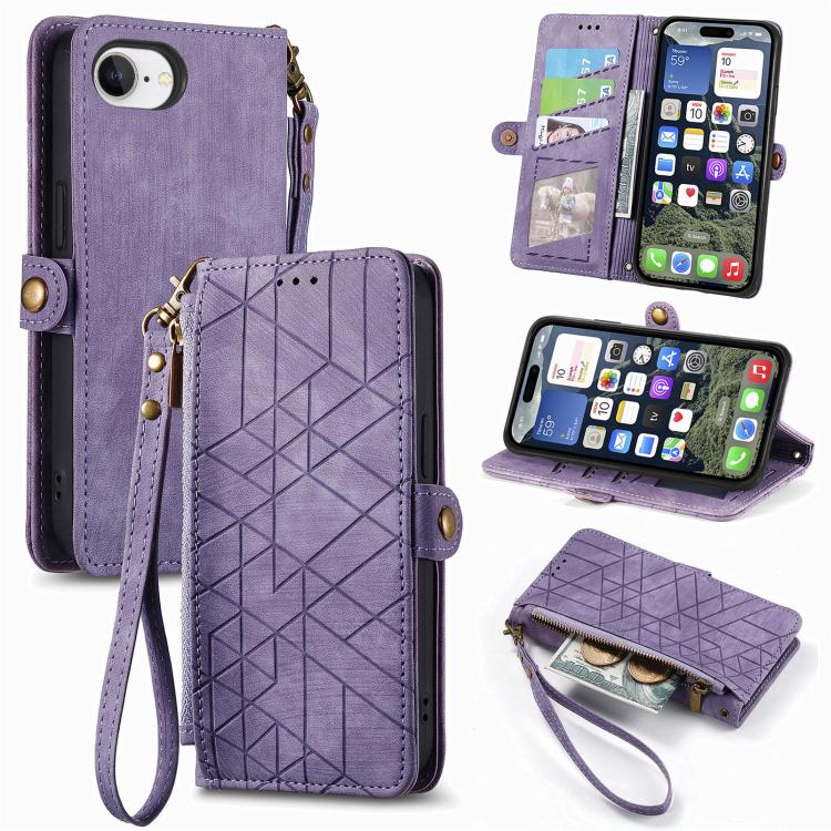 Geometric Zipper Wallet Side Buckle Leather Phone Case, For iPhone 16e, For iPhone 16 Pro Max, For iPhone 16 Pro, For iPhone 16 Plus