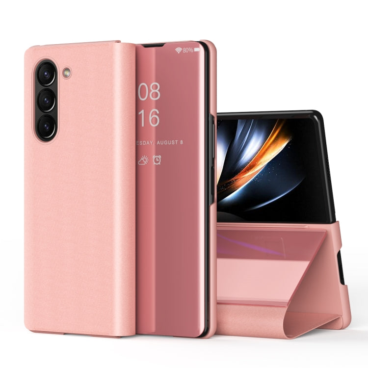 Plated Mirror Horizontal Flip Leather Phone Case with Holder, For Galaxy Z Fold6, For Galaxy Z Fold5 5G
