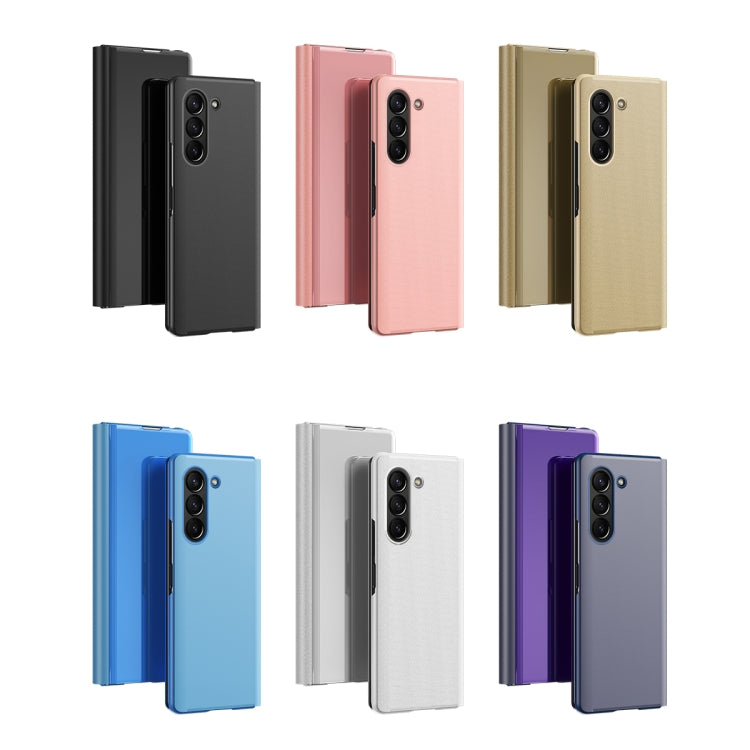 Plated Mirror Horizontal Flip Leather Phone Case with Holder, For Galaxy Z Fold6, For Galaxy Z Fold5 5G