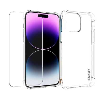 ENKAY Transparent TPU Shockproof Phone Case with Glass Film, For iPhone 15 Pro Max, For iPhone 14 Plus, For iPhone 14, For iPhone 15 Pro, For iPhone 14 Pro, For iPhone 15 Plus, For iPhone 14 Pro Max, For iPhone 15