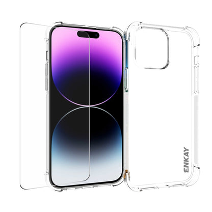 ENKAY Transparent TPU Shockproof Phone Case with Glass Film, For iPhone 15 Pro Max, For iPhone 14 Plus, For iPhone 14, For iPhone 15 Pro, For iPhone 14 Pro, For iPhone 15 Plus, For iPhone 14 Pro Max, For iPhone 15