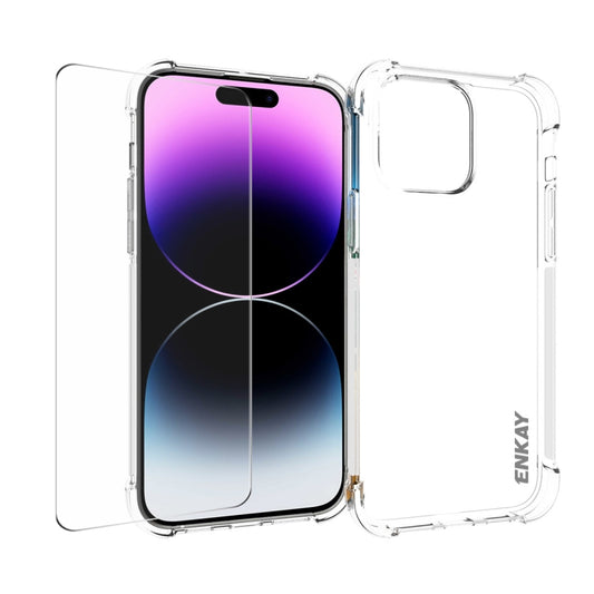 ENKAY Transparent TPU Shockproof Phone Case with Glass Film, For iPhone 15 Pro Max, For iPhone 14 Plus, For iPhone 14, For iPhone 15 Pro, For iPhone 14 Pro, For iPhone 15 Plus, For iPhone 14 Pro Max, For iPhone 15