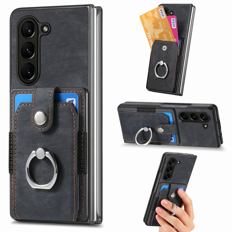 Retro Skin-feel Ring Multi-card Wallet Phone Case, For Samsung Galaxy Z Fold6 5G, For  Samsung Galaxy Z Fold5 5G
