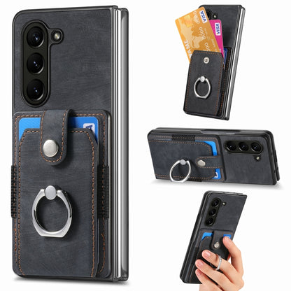 Retro Skin-feel Ring Multi-card Wallet Phone Case, For Samsung Galaxy Z Fold6 5G, For  Samsung Galaxy Z Fold5 5G