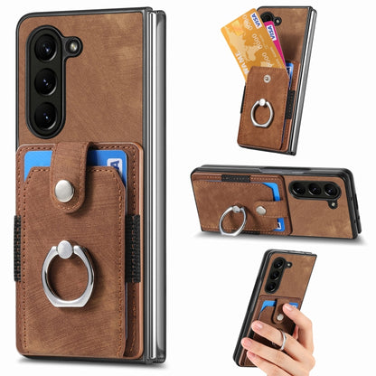Retro Skin-feel Ring Multi-card Wallet Phone Case, For Samsung Galaxy Z Fold6 5G, For  Samsung Galaxy Z Fold5 5G