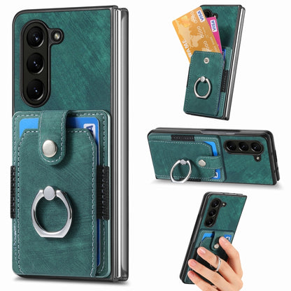Retro Skin-feel Ring Multi-card Wallet Phone Case, For Samsung Galaxy Z Fold6 5G, For  Samsung Galaxy Z Fold5 5G