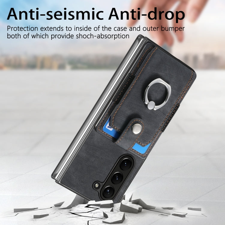 Retro Skin-feel Ring Multi-card Wallet Phone Case, For Samsung Galaxy Z Fold6 5G, For  Samsung Galaxy Z Fold5 5G
