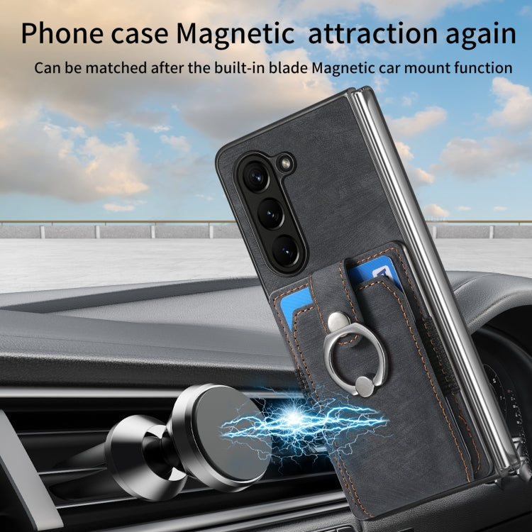 Retro Skin-feel Ring Multi-card Wallet Phone Case, For Samsung Galaxy Z Fold6 5G, For  Samsung Galaxy Z Fold5 5G