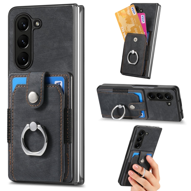 Retro Skin-feel Ring Multi-card Wallet Phone Case, For Samsung Galaxy Z Fold6 5G, For  Samsung Galaxy Z Fold5 5G