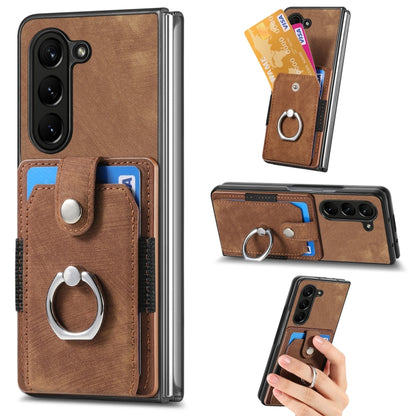Retro Skin-feel Ring Multi-card Wallet Phone Case, For Samsung Galaxy Z Fold6 5G, For  Samsung Galaxy Z Fold5 5G
