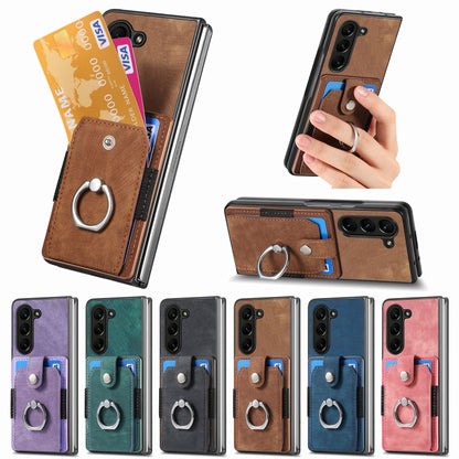 Retro Skin-feel Ring Multi-card Wallet Phone Case, For Samsung Galaxy Z Fold6 5G, For  Samsung Galaxy Z Fold5 5G