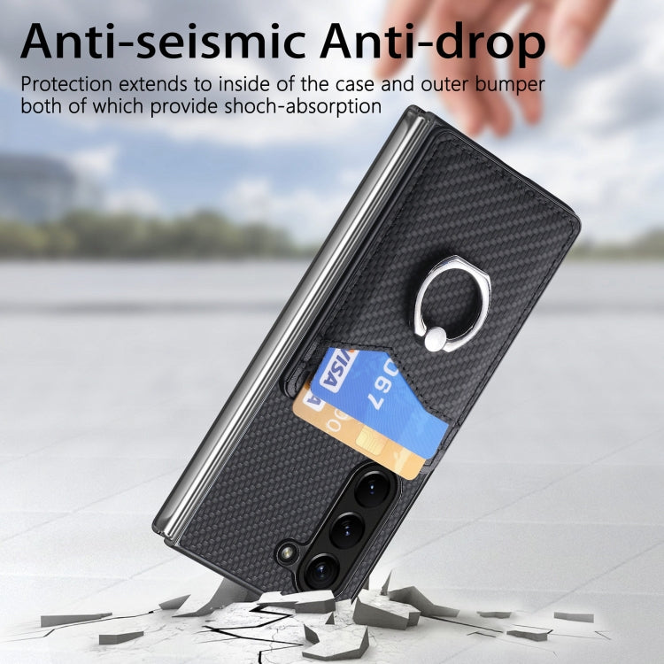 Carbon Fiber Card Wallet Ring Holder Phone Case, For Samsung Galaxy Z Fold6 5G, For Samsung Galaxy Z Fold5 5G