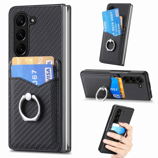 Carbon Fiber Card Wallet Ring Holder Phone Case, For Samsung Galaxy Z Fold6 5G, For Samsung Galaxy Z Fold5 5G