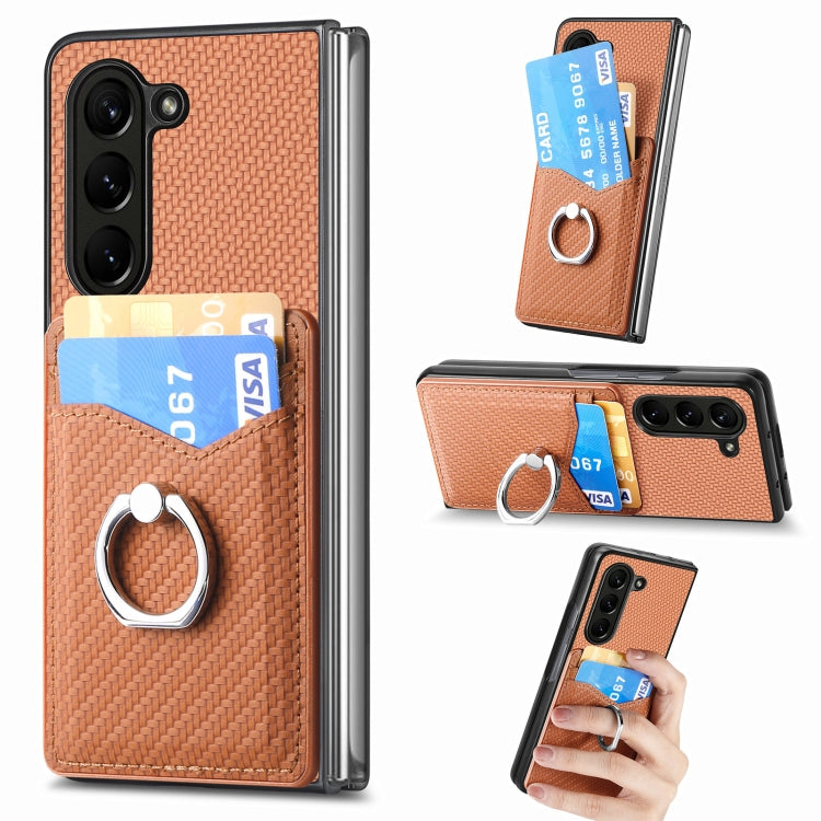 Carbon Fiber Card Wallet Ring Holder Phone Case, For Samsung Galaxy Z Fold6 5G, For Samsung Galaxy Z Fold5 5G