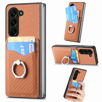 Carbon Fiber Card Wallet Ring Holder Phone Case, For Samsung Galaxy Z Fold6 5G, For Samsung Galaxy Z Fold5 5G