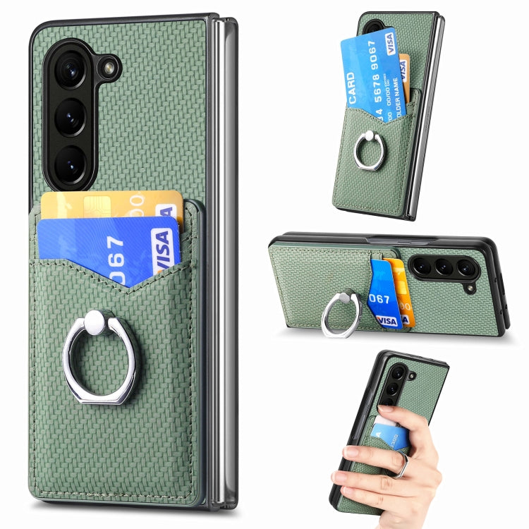 Carbon Fiber Card Wallet Ring Holder Phone Case, For Samsung Galaxy Z Fold6 5G, For Samsung Galaxy Z Fold5 5G