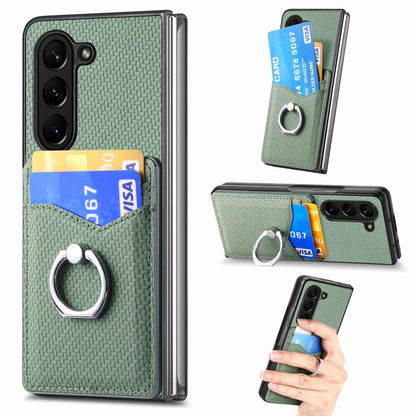 Carbon Fiber Card Wallet Ring Holder Phone Case, For Samsung Galaxy Z Fold6 5G, For Samsung Galaxy Z Fold5 5G