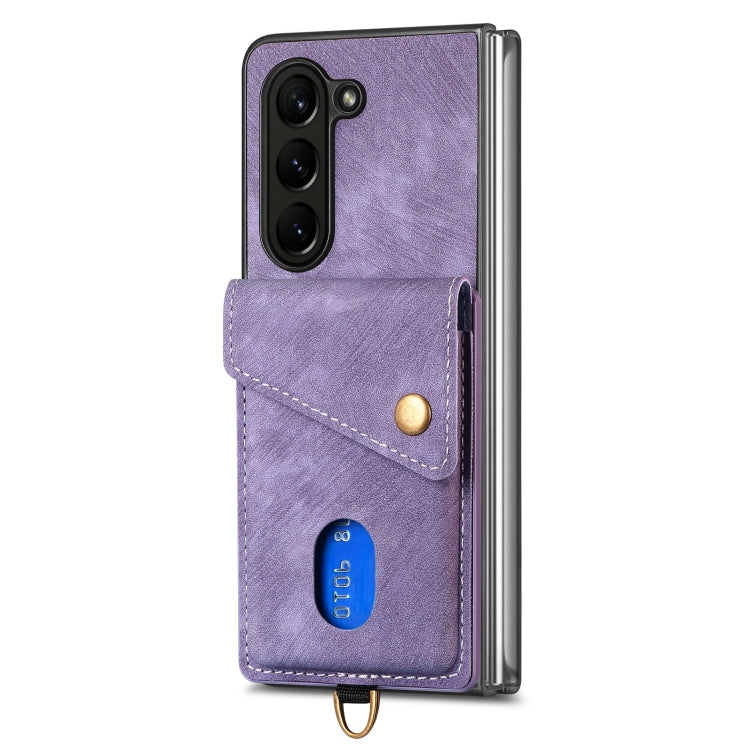Retro Card Wallet Fold Leather Phone Case with Strap, For Samsung Galaxy Z Fold6 5G, For Samsung Galaxy Z Fold5 5G