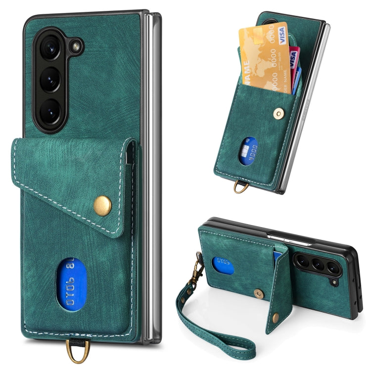 Retro Card Wallet Fold Leather Phone Case with Strap, For Samsung Galaxy Z Fold6 5G, For Samsung Galaxy Z Fold5 5G
